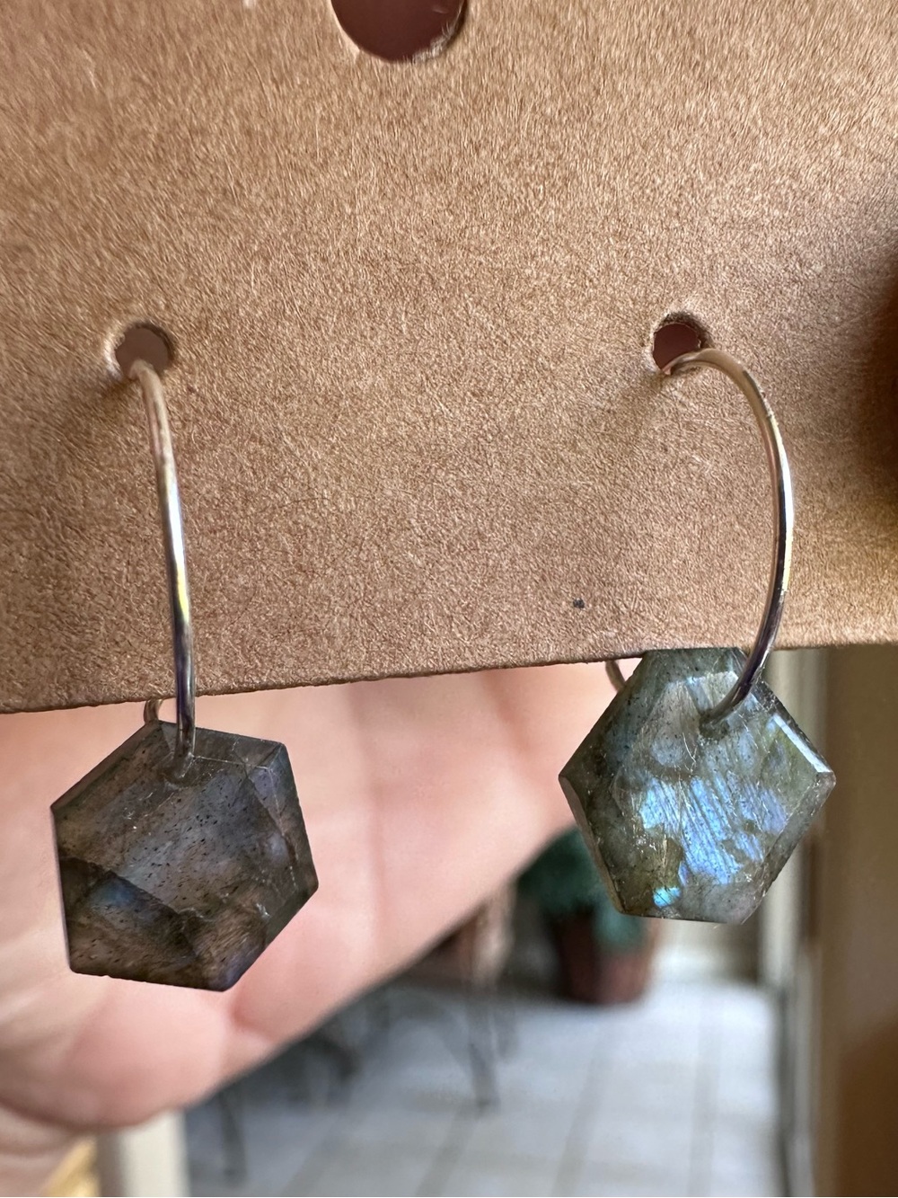 Flashy Labradorite Sterling Silver Dangle Hoop Earrings Hexagon Shape NWT